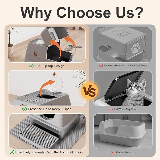 Stainless Steel Cat Litter Box with Lid, XL Extra Large Kitty Litter Box, Enclosed Top Entry Metal Litterbox for Big Cats, Easy Cleaning, Anti-Leakage & High Sided with Mat, Aisle & Scoop Light Grey