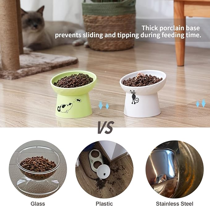 OMAYKEY Ceramic Raised Cat Bowls, Tilted Elevated Cat Food Water Bowl Set, Porcelain Stress Free Pet Feeder Dish for Cats and Small Dogs, Dishwasher and Microwave Safe - White & Fruit Green, Set of 2