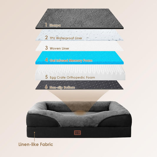 EHEYCIGA Memory Foam XXL Dog Bed for XLarge Sized, Orthopedic Dog Sofa with Sides and Waterproof Liner, Washable Bolster Pet Couch with Removable Cover, 52x41x8 Inch, Grey/Black