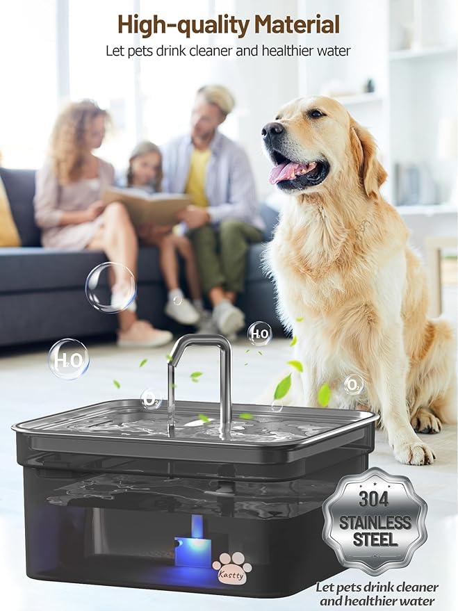Kastty Dog Water Fountain for Large Dogs, 2.8Gal/10.5L Stainless Steel Cat Water Fountain, Super Quiet Smart Pet Water Fountain Automatic Dog Water Bowl Dispenser with LED Pump, Easy to Assemble Clean