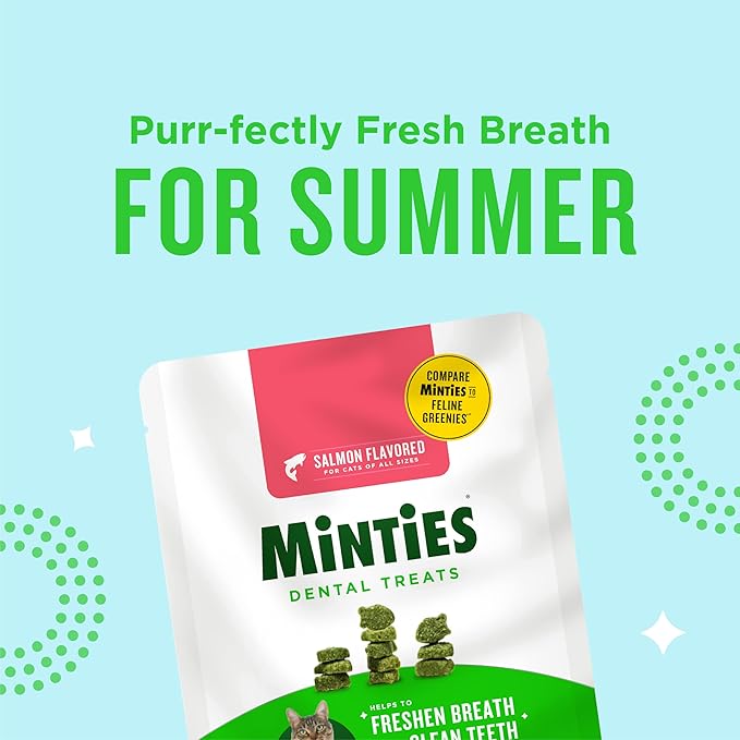 Minties Dental Treats for Cats, Salmon Flavored Treats for Cats, Freshens Breath and Controls Tartar, 30oz (12 2.5oz Bags)