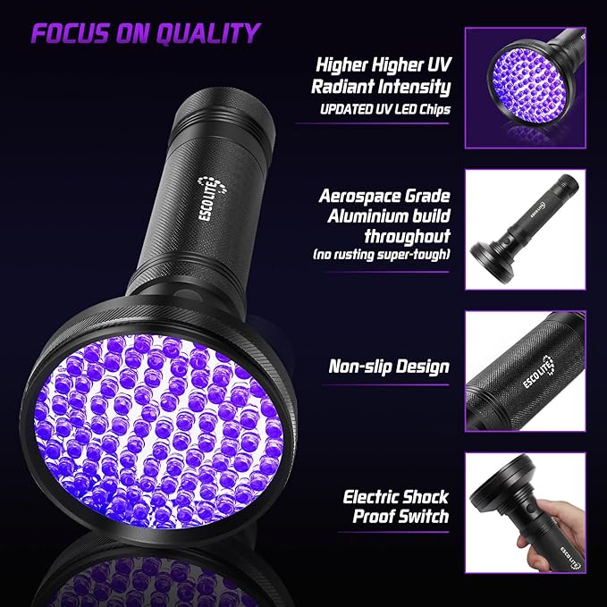 ESCO LITE UV Flashlight Black Light, 100 LED 395 nM Ultraviolet Flashlights UV Blacklight Detector for Dog Urine, Pet Stains and Bed Bug, Matching with Pet Odor Eliminator