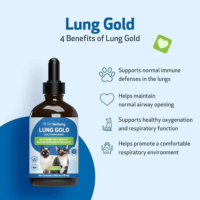 Pet Wellbeing Lung Gold for Cats - Lung Immune Support, Lower Respiratory Health, Open Airways, Normal Breathing, Reishi, Coptis - Veterinarian-Formulated Herbal Supplement - 4 oz (118 ml)