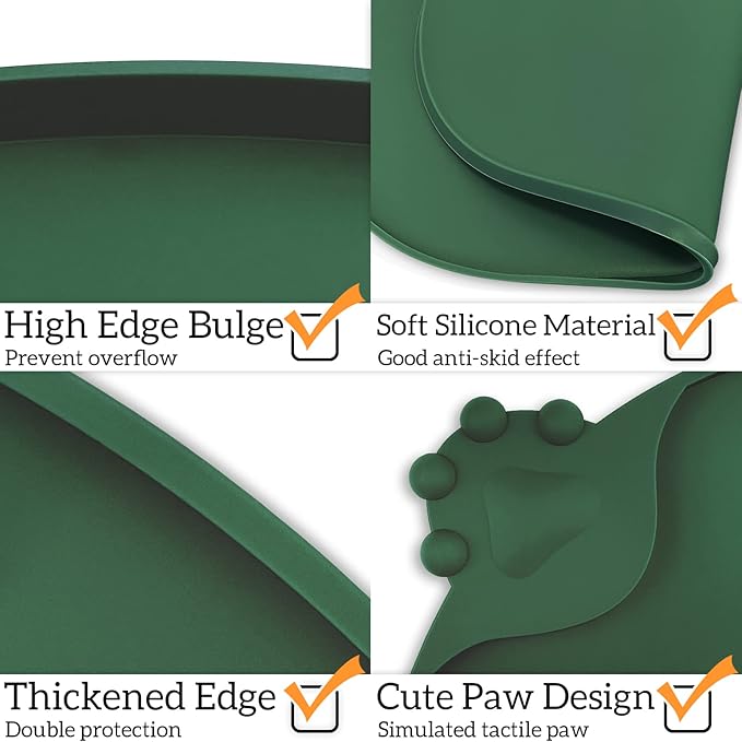 KPWACD Pet Placemat for Dog and Cat, Waterproof Silicone Dogs Feeding Bowl Mat Prevent Food and Water Overflow, High-Lips Puppy Dish Mats Suitable for Small Medium Big Pets, Hunter Green, 24" * 16"