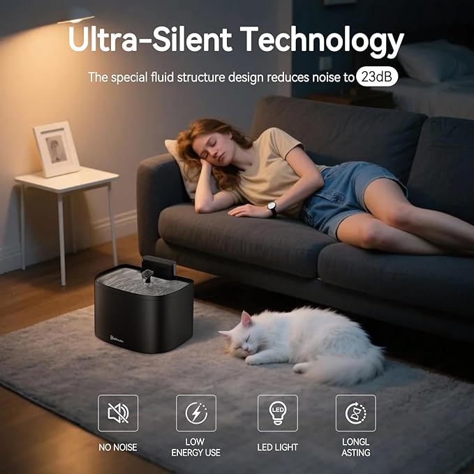 Cat Water Fountain, 122oz/3.6L Pumpless Cat Fountain, Cordless Water Fountains for Cats Indoor, Dog Pet Water Fountain Battery Operated with Stainless Steel Tray (Black, Fountain+8 Fliters)