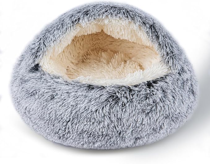 Cat Bed for Indoor Cats, Calming Cozy Cave with Self-Warming Plush, Entire Bed Machine Washable & Anti-Slip Base, Breathable Pet Bed for Small Cats&Dogs All Seasons (Grey, 24 * 24inch)
