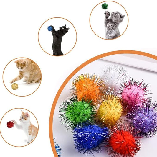 30Pcs 1.2inch/3cm Sparkle Balls for Cats - Interactive Toy Pom Pom Fuzzy Tinsel Cat Balls for Indoor Play (Mixed Colour)