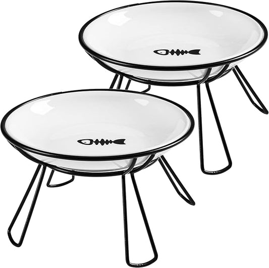 Cat Bowls, Elevated Bowl, Raised Ceramic Dish with Metal Stand, Pet Water or Food Feeding Station for Indoor Cats, Kitten, Puppies and Small Dogs(2 Pack)
