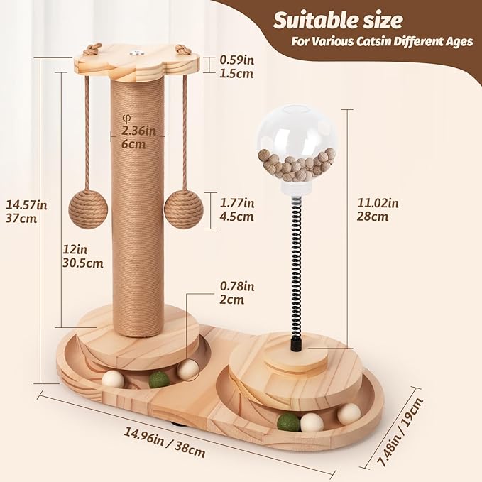 Kitten Scratching Post. 4 in 1 Wooden Cat Scratching Post. Kitten Toys for Indoor Cats with Leaky Food Ball and 2 Sisal Hanging Balls. 15.7" Cat Scratcher with 2 Cat Ball Tracks for Kittens