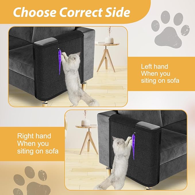 Cat Scratch Couch Protector,Cat Scratch Sofa Armest Cover with Sisal Mat and a Toy for Small Animals Indoor use 23.6’’L*19.7’’W (Black/Left Hand)