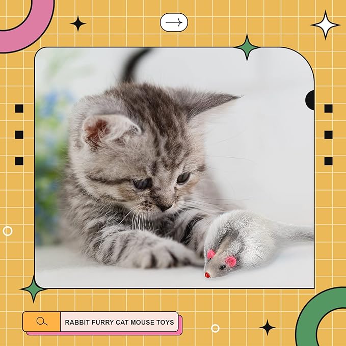 Hungdao 60 Pcs Furry Mice Interactive Catch Play Rabbit Fur Mouse Cat Toy Rattle Sound Rat Plush for PET Cats and Kittens, 3 Colors(White, Black, Gray)