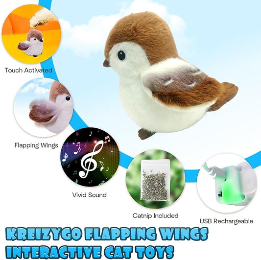 Cat Toys, Flapping Wings Sparrow, No Flying, Chirping Bird Interactive Catnip Toy for Kitten or Small Dogs, Touch Activated, Rechargeable, 3 Modes