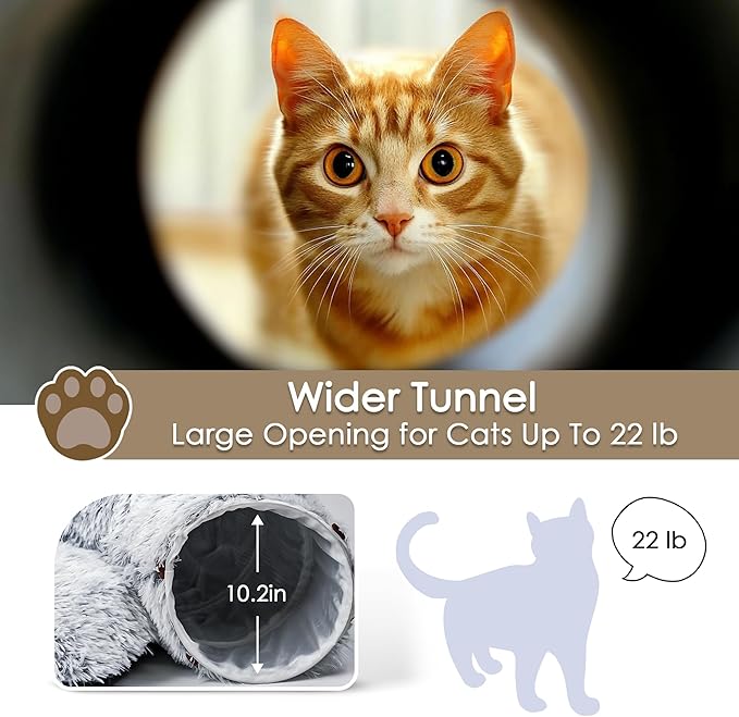 Cat Tunnel Bed for Indoor Cats, Peekaboo Cat Cave with Washable Soft Play Mat, Furry Cat Tube, for Kitten/Puppy/Rabbit, Grey