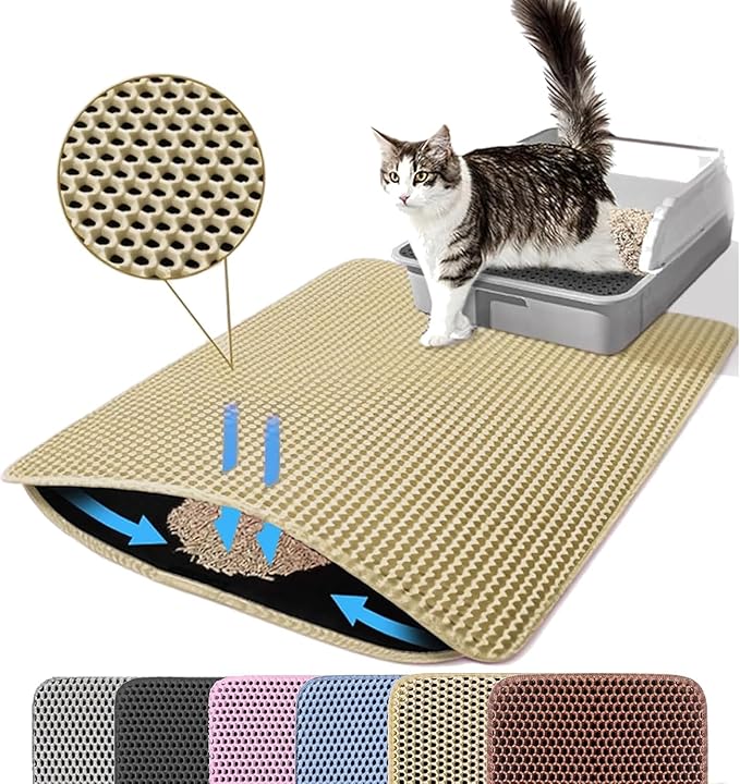 Jumbo Cat Litter Mat, 46x26 Inches Double Layer Honeycomb Litter Trapping Mat, Non Slip Waterproof Urine Proof Extra Large Cat Litter Box Mat, Kitten Supplies and Essentials, XXL, Beige