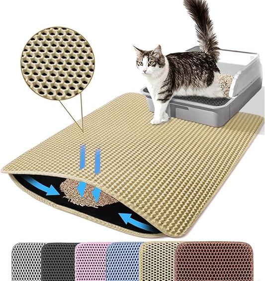 Jumbo Cat Litter Mat, 46x26 Inches Double Layer Honeycomb Litter Trapping Mat, Non Slip Waterproof Urine Proof Extra Large Cat Litter Box Mat, Kitten Supplies and Essentials, XXL, Beige