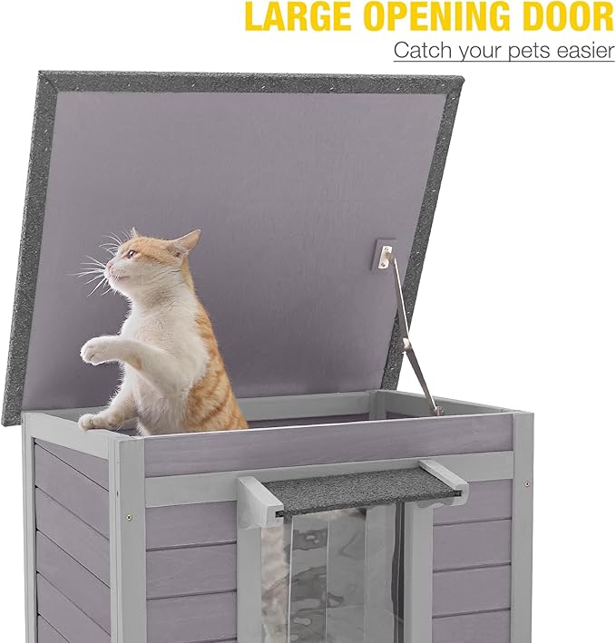 Cat House Outdoor Feral Kitty Houses with Curtain for Cats Insulated, Weatherproof Roof (Single-Deck)