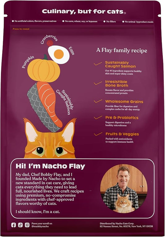 Made by Nacho Dry Cat Kibble 2lb Bag, High Protein and Grain-Friendly Premium Cat Food, Sustainably Caught Salmon and Pumpkin, Infused with Bone Broth for Hydration, Limited Ingredients, Single Bag