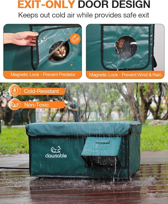 Indestructible Heated Cat House for Outside Cats Winter, 100% Weatherproof, Safe Escape Door, Insulated Outdoor Cat Shelter with Heater for Feral Barn Cat Kitty (Forest Green, 12"x16"x14")