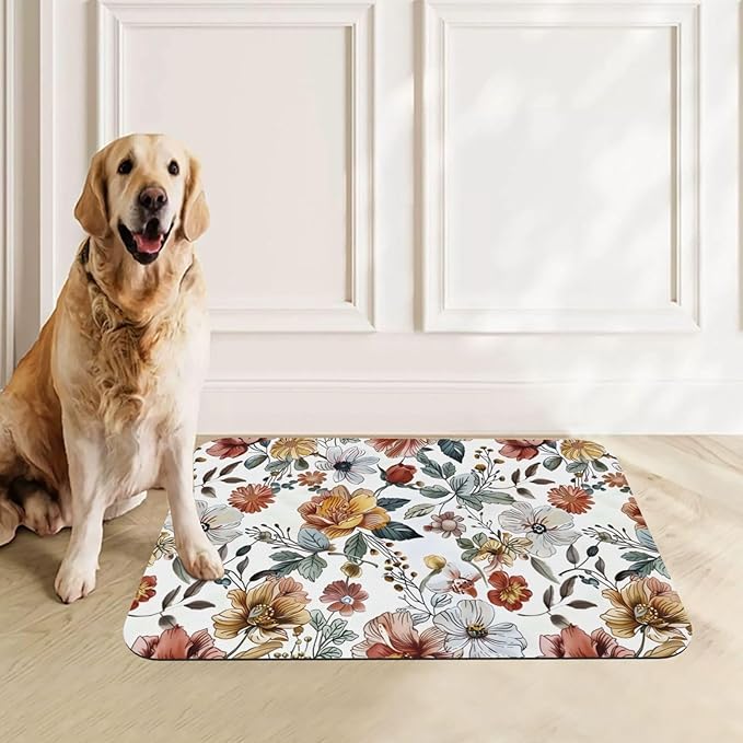 Flowers Pattern Dog Food Mat Absorbent Bowl Mats No Stains Quick Dry Waterproof Pet Cat Placemats for Food and Water, 30x45cm