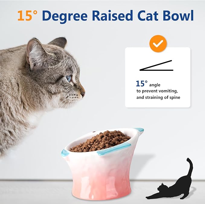 Tioncy 2 Pcs Raised Tilted Ceramic Cat Food Bowl Fish Shape Cute Elevated Slanted Shallow Angled Cat Dish Non Slip Feeder Bowl for Anti-Vomiting and Whisker Fatigue(Blue, Pink)