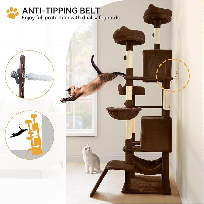 YITAHOME 75-Inch Tall Cat Tree Indoor: Multi-Level Kitten Tower with Kitty Condos, Top Perches, Sisal Ramp, Scratching Posts & Cozy Basket Hammocks Pet Play House Black