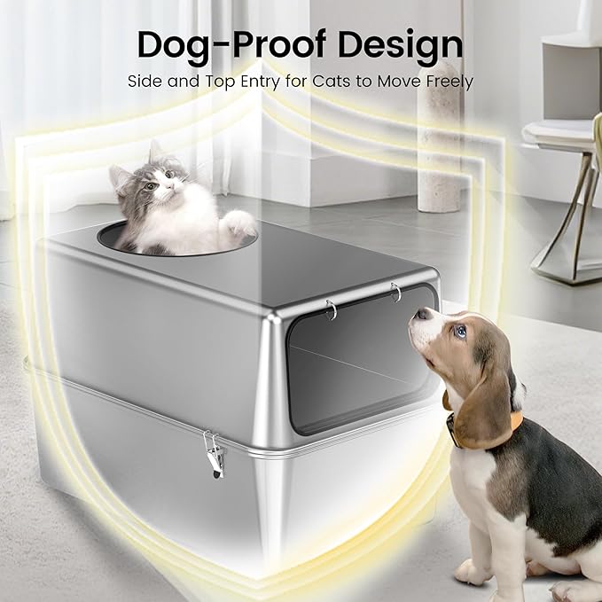 Stainless Steel Litter Box with Lid – Dog Proof, XL Enclosed Metal, High Side, Odor Control, for Big Cats & Multi-Cat Household, Black, Dubble Entry (Top and Front)