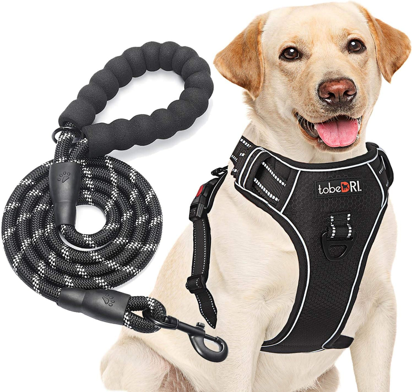 No Pull Dog Harness Adjustable Reflective Oxford Easy Control Medium Large Dog Harness with A Free Heavy Duty 5ft Dog Leash (M (Chest: 22"-26"), Black Harness+Leash)