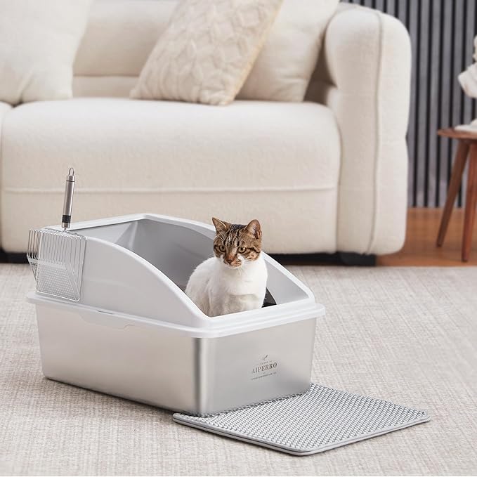 Stainless Steel Litter Box | XXL Deepened 8" Design Enclosed Cat Litter Box with Lid for Big Cats | High Sided, Anti-Urine Leakage | Non-Stick Bottom & Includes Litter Mat & Metal Scoop