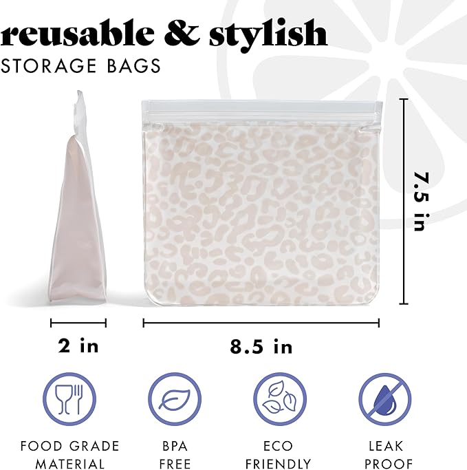 Fit & Fresh Reusable PEVA Storage Bags 3 Pack, Reusable Food Storage Bags, LeakProof, Durable, Freezer Safe, Hand Wash, Easy to Clean, Eco-Friendly, Ivory Feline Fine