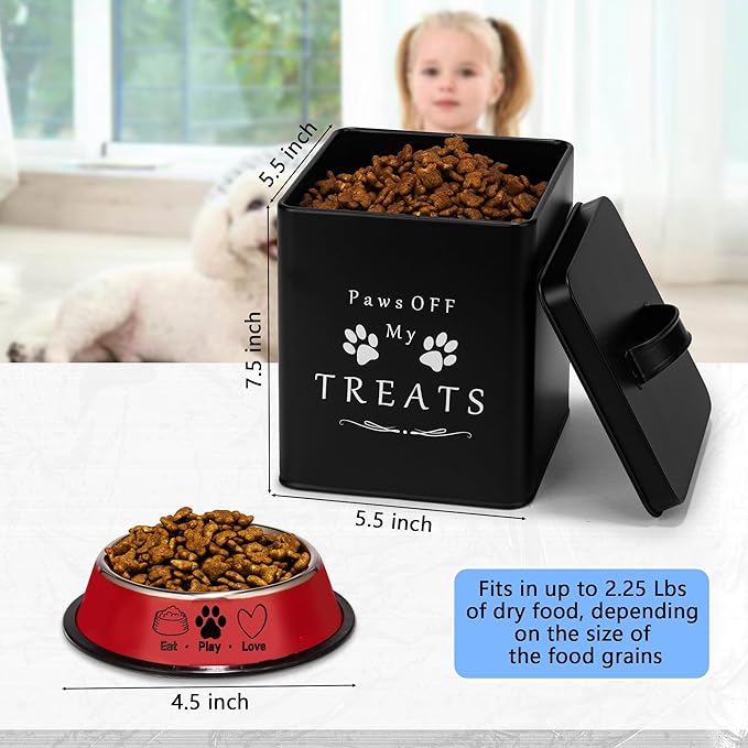 Meraki Home Small Dog Food Container and Dog Treats Container - Tight Lids - Feed Scoop and Pet Food Bowl - Farmhouse Metal Storage Bin - Matte Black