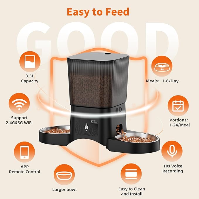 HoneyGuaridan Automatic Cat Feeder with 5G WiFi,3.5L Automatic Cat Food Dispenser for 2 Cats, APP Control Dispenser, Dual Power Supply,Desiccant Bag,10s Meal Call Black