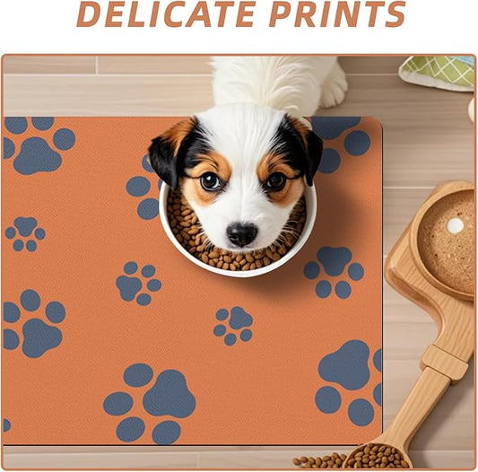 18"×30" Dog Food Mat-Absorbent Dog Mat for Food and Water, No Stains Quick Dry Cat Dog Food Bowl Mat Non Skid Dog Feeding Mat with Footprints for Messy Drinkers Orange