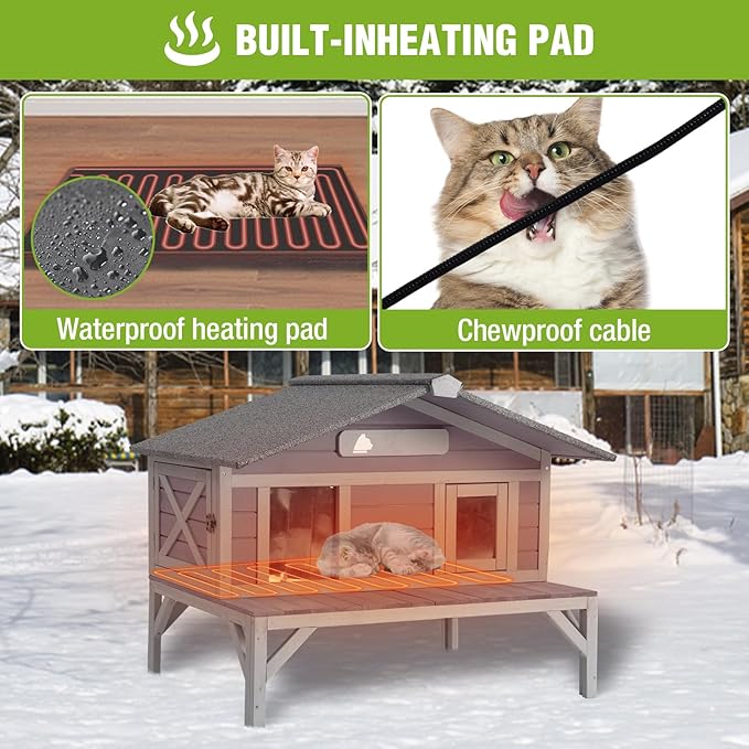 GUTINNEEN Heated Cat House for Outside Large Outdoor Insulated Cat House Weatherproof Feral Cat Shelter with Heated Pad, Insulated All-Round Thermal Liner, Chewproof Cable for 1-4 Cats (Winter-Ready)