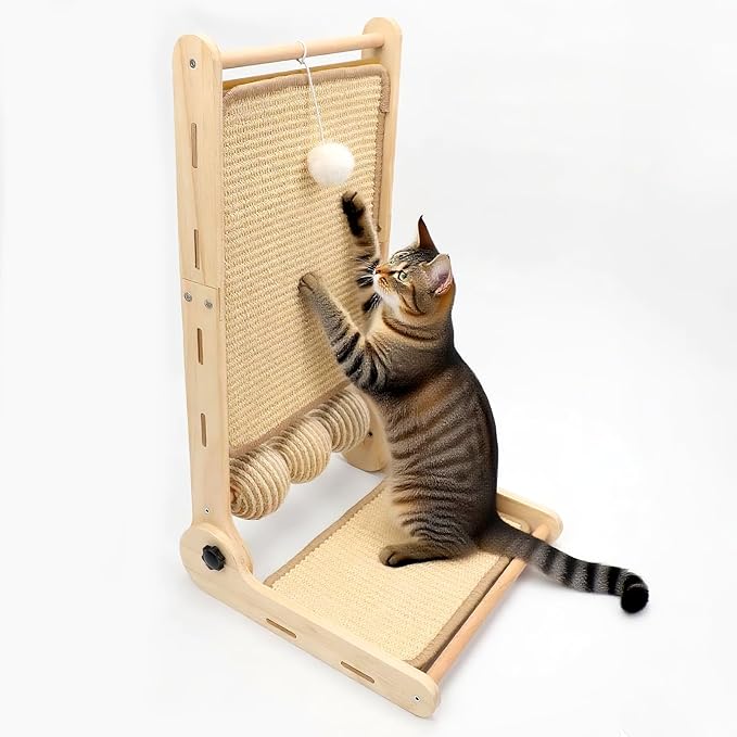L Shaped Cat Scratching Post, 23.2" Tall Sisal & Wooden Base Cat Scratcher Board for Indoor Cats, Sturdy Vertical Cats Scratching Pad Protects Furniture
