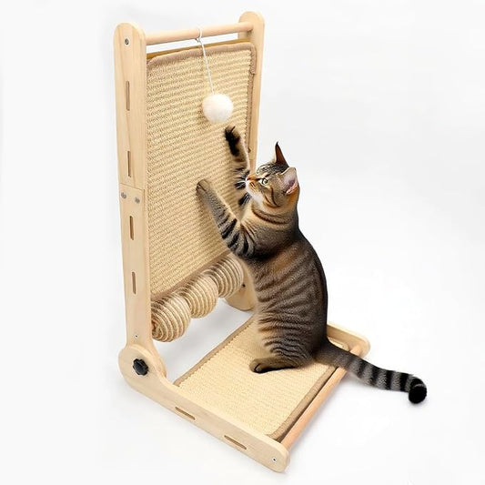 L Shaped Cat Scratching Post, 23.2" Tall Sisal & Wooden Base Cat Scratcher Board for Indoor Cats, Sturdy Vertical Cats Scratching Pad Protects Furniture
