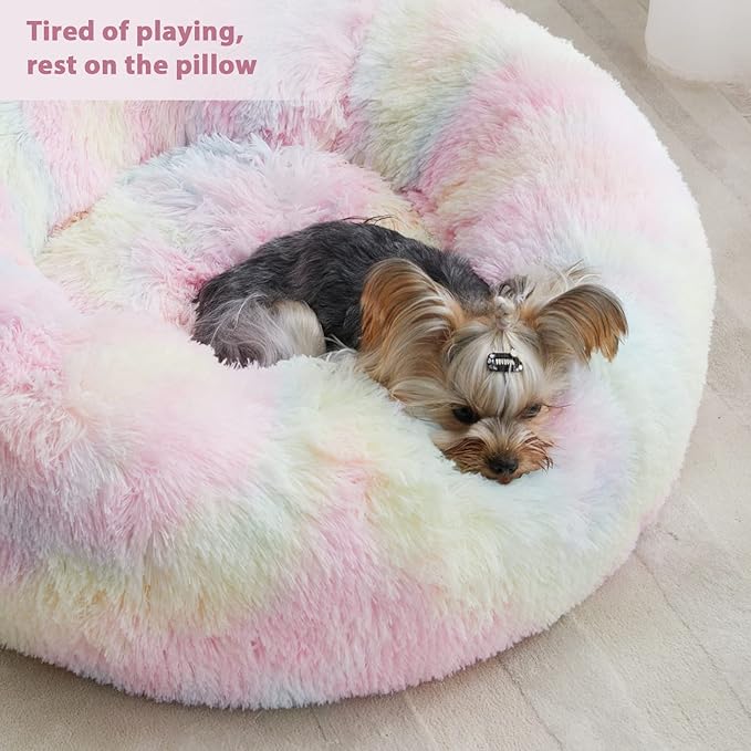 WNPETHOME Calming Dog Bed Cat Bed Donut, Faux Fur Pet Bed Self-Warming Donut Cuddler, Comfortable Round Plush Dog Beds (24 x 24 x 8 Inch, Rainbow)