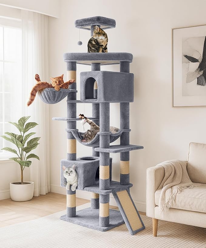 AMHANCIBLE Large Cat Tree, 83 Inch Multi-Level Tall Tower for Indoor Adult Cats, with Scratching Post and Board, Hammock, Condos, Hanging Basket, Activity Center to Play and Sleep, Grey, PT21GY