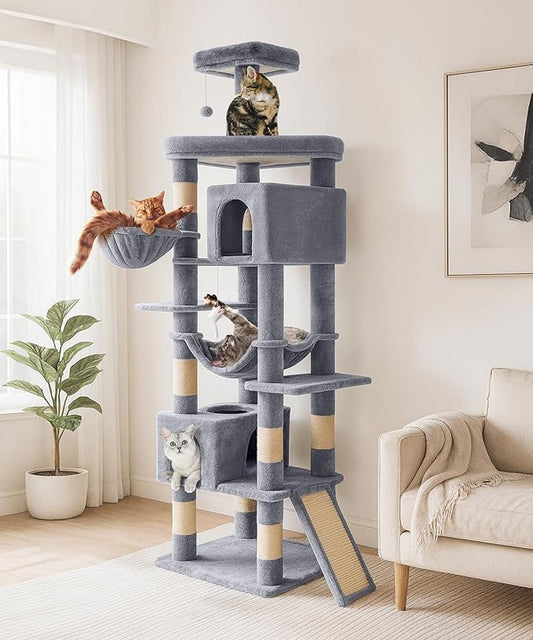 AMHANCIBLE Large Cat Tree, 83 Inch Multi-Level Tall Tower for Indoor Adult Cats, with Scratching Post and Board, Hammock, Condos, Hanging Basket, Activity Center to Play and Sleep, Grey, PT21GY