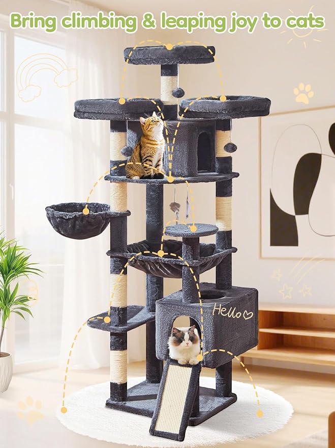Taoqimiao 76-Inch Cat Tree with Scratching Posts,XXL Cat Tower for Large Cats with Cat Scratching Board,Extra-Large Metal Hammock,3 Perches, 2 Big Condos, Hanging Basket,MS047G,Smoke Gray