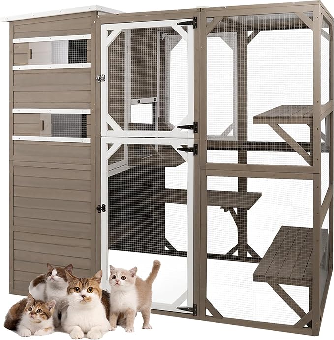Catio Cat Enclosure Outdoor, Large Cat House Outdoor Weatherproof Attached to Window for Multi Cats, Asphalt and UV Protection Roofs, Multi Platforms-71 H 77" L