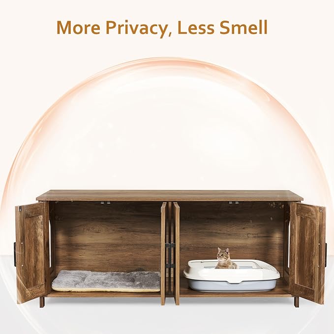 Homhedy Cat Litter Box Enclosure for 2 Cats, Wooden Pet Washroom Furniture with Double Room, Cat House, 47.2”L x 19.7”W x 19.7”H, Rustic Walnut