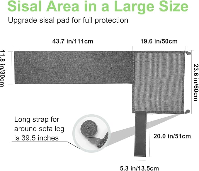 Cat Scratch Couch Protector,23.6L*19.6W inch Scratching Furniture Protector Pad,Cat Scratch Sofa Arm Sheild with Grey Natural Sisal for Protecting Couch Sofa Chair Furniture (Grey/Left Hand)