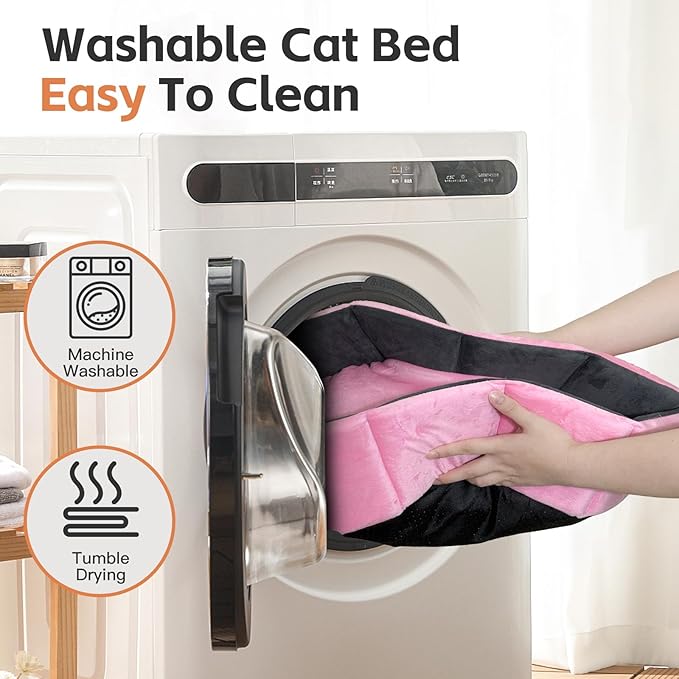 Cat Bed Kitten Bed, Washable Round Cat Beds for Indoor Cats, Super Soft Faux Rabbit Fur Small Kitten Bed for Puppy and kitten, Fluffy Inner Mat Filling Memory Foam with Anti-Slip Bottom (Pink)