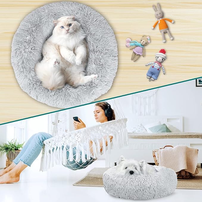PetAmi Calming Dog Bed for Small Medium Dogs and Cats, Round Donut Washable Fluffy Faux Fur Plush Cuddler Pet Kitten Cushion, Anti-Slip, Fits up to 45 lbs, 30 inch, Light Gray