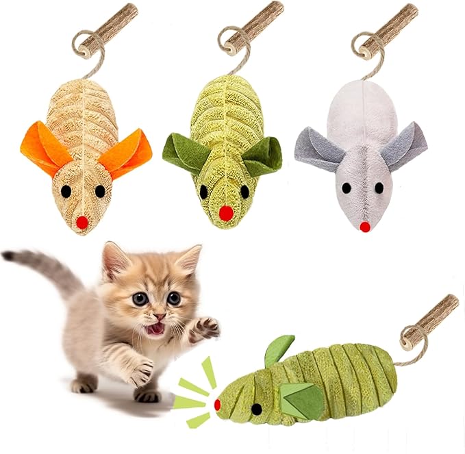 Cat Toys, 3 Mice Catnip Toy Crinkle Sound for Indoor Cat with Silvervine Chew Stick for Dental Chirping Mouse Plush Kitten Cleaning Teeth Matatabi Bite Interactive Cat Kitty Gifts
