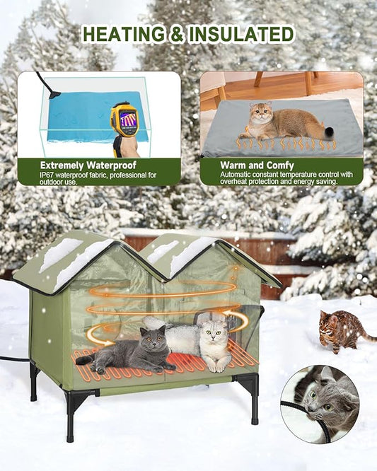 Heated Cat House for Outside, Large Elevated Waterproof Outdoor Cat House Weatherproof with Escape Doors and Heating Pad for Winter, Sturdy Insulated Outdoor Cat Shelter for Multiple Cats, Green