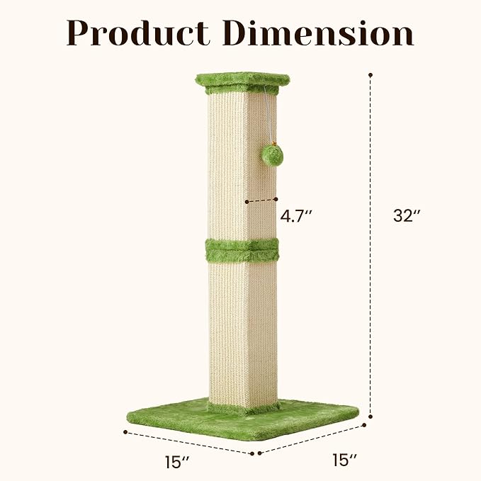 Cat Scratching Post with Hanging Toy Ball, 32-Inch Tall Sisal Cat Scratcher for Indoor Cats, Green