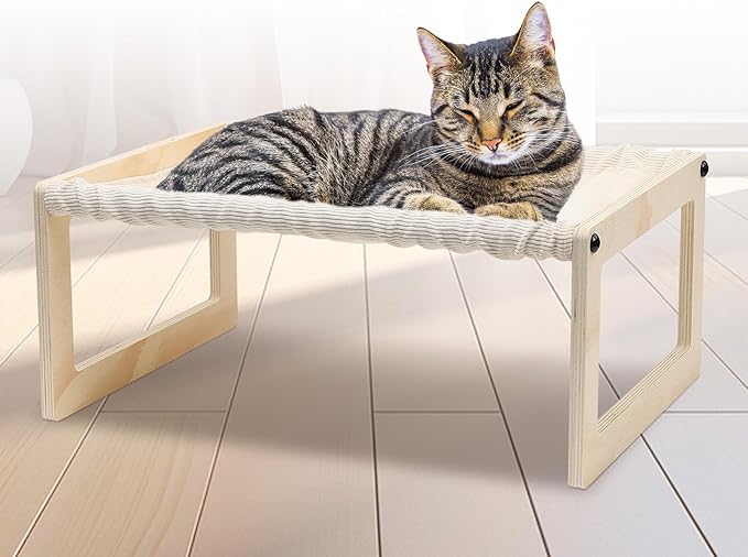Cat Bed with Washable Pad - 9.5" Elevated Wooden Cat Hammock Bed, 360° View Design, Cot with Breathable Summer Mattress for Kitty, Puppy, Rabbit and All Pets
