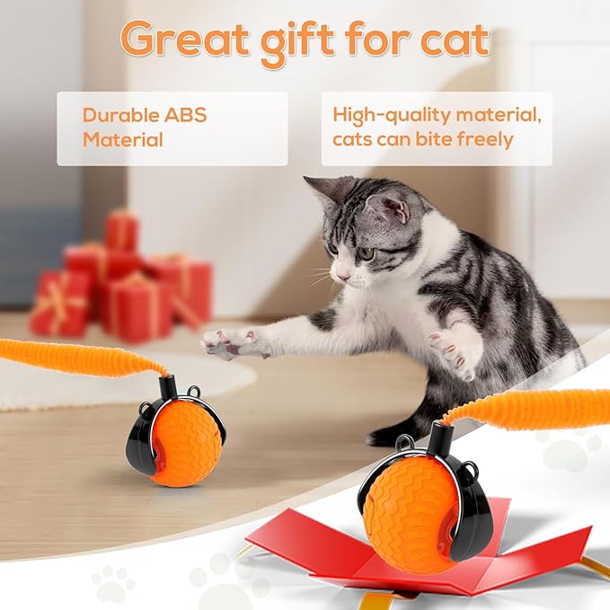 Interactive Cat Toys Indoor,Automatic Moving Pet Cats Ball,Chaseing Hunting Toy for Kitten, Cat Mouse Tail Toy,3 Stimulating Modes and USB Recharge(2 Tails) Orange