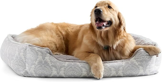 Nicole Miller New York PET Mod Damask Plushy Bolster Pet Bed, Cozy & Calming, Non-Slip Bottom, Machine Washable Cover, Grey, Medium 30"x23"x8"